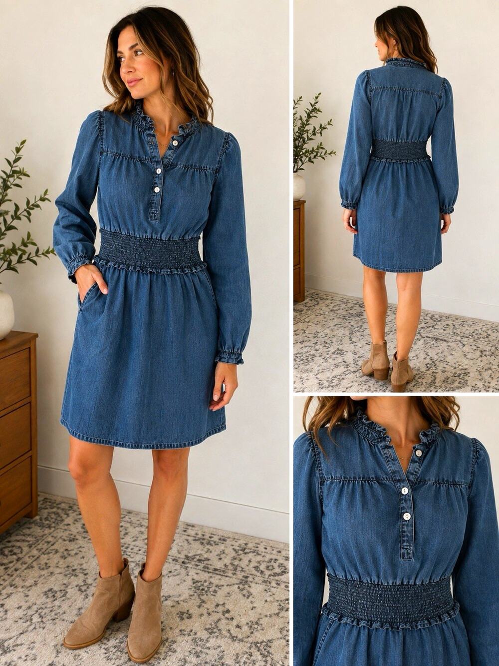 Rails Blue Denim Lyocell V-Neck Smocked Waist Button Front Ruffle Short S